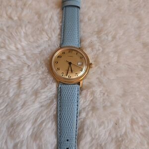 Vintage Timex Gold Case with Light Blue Strap Watch